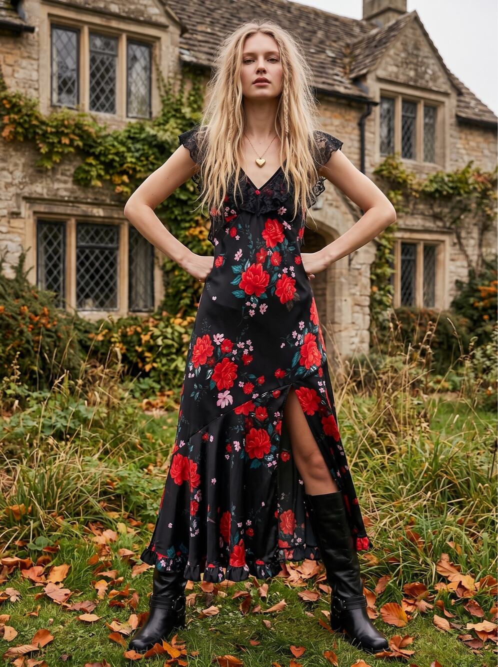 Free People Warm Hearts Satin Midi Dress Size Large Lace Floral Dainty Romantic